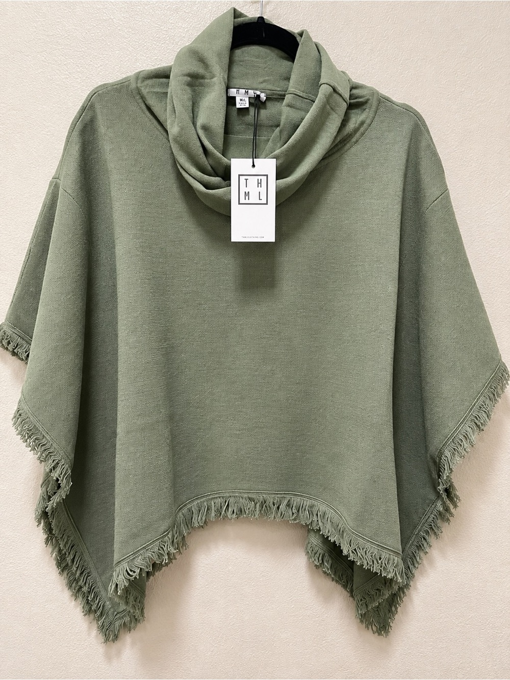THML Olive Green Fringe Cowl Neck Poncho Sweater